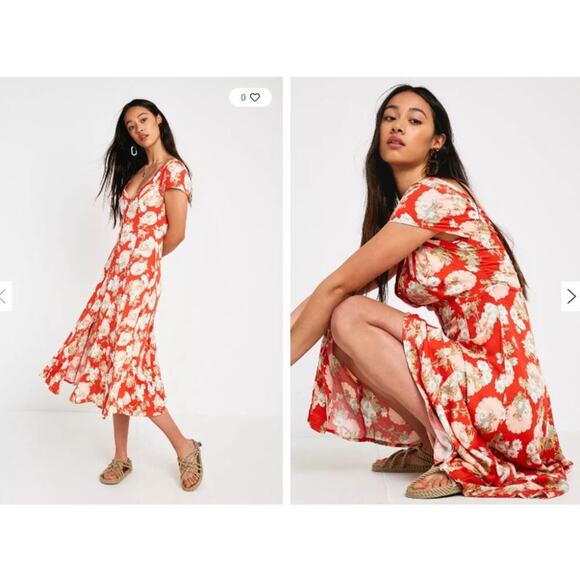 Urban Outfitters Coral Floral Babydoll Midi Dress V-Neck Cap Sleeve Button Sz XS - Picture 2 of 11